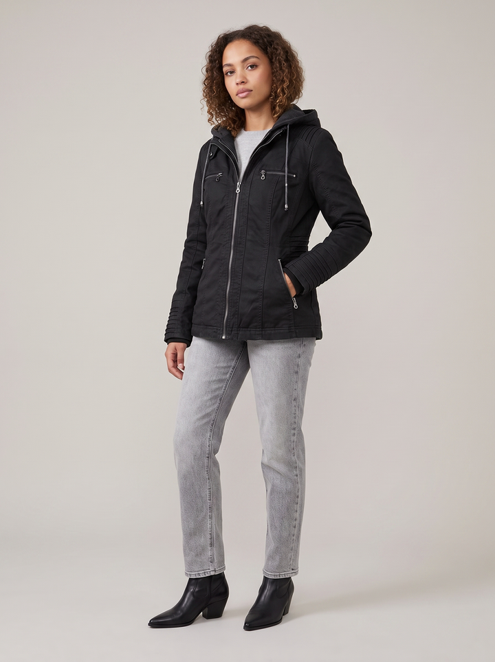 Amber | Dames Biker Afneembare Capuchon Lange Mouwen Jack