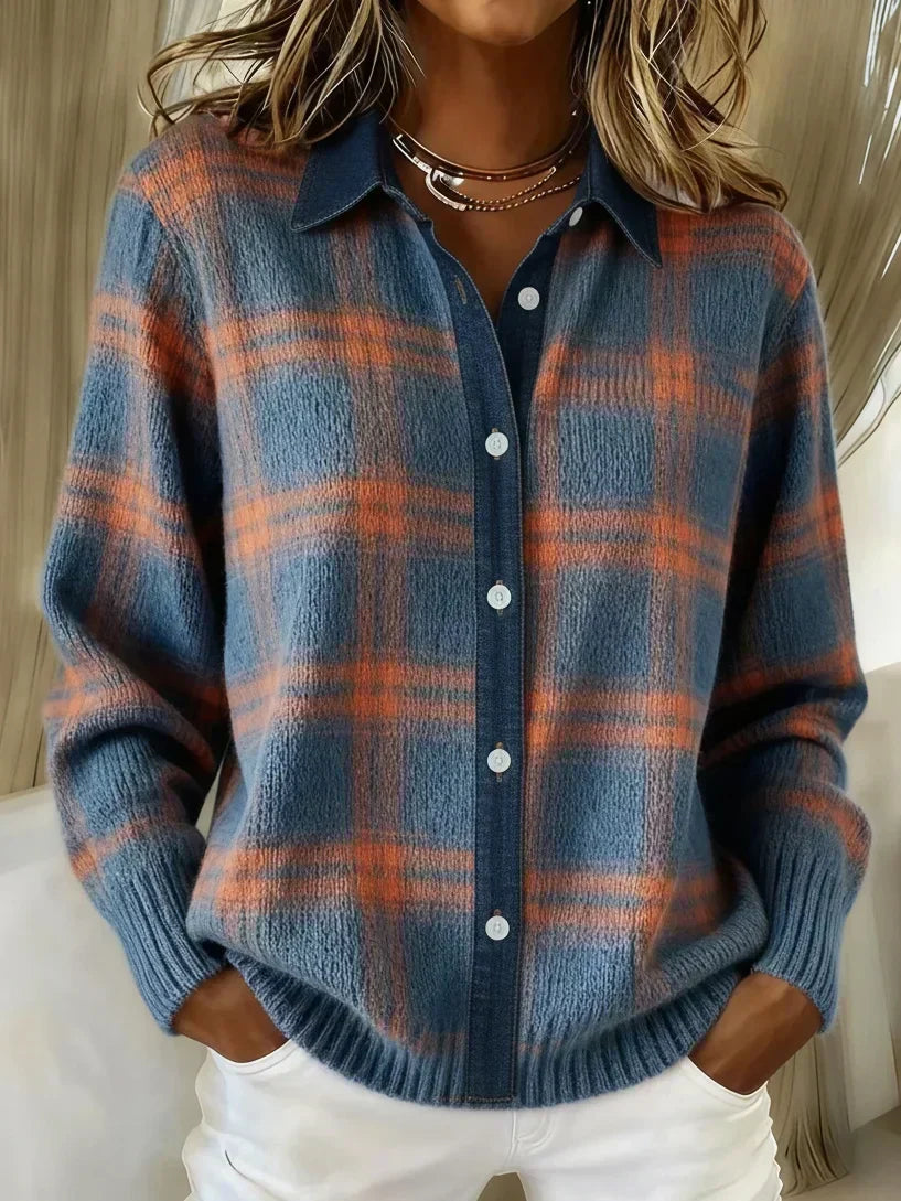 Anouk geruite cardigan met overhemdkraag, blauw-oranje ruit vooraanzicht