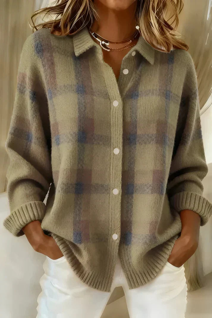 Anouk geruite cardigan in kaki-tinten, vooraanzicht