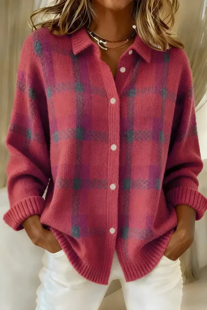 Anouk geruite cardigan in roze-tinten, vooraanzicht