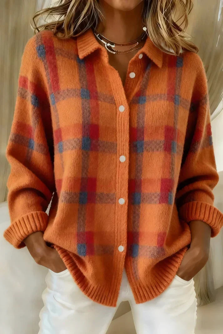 Anouk geruite cardigan in oranje-rode ruit, vooraanzicht