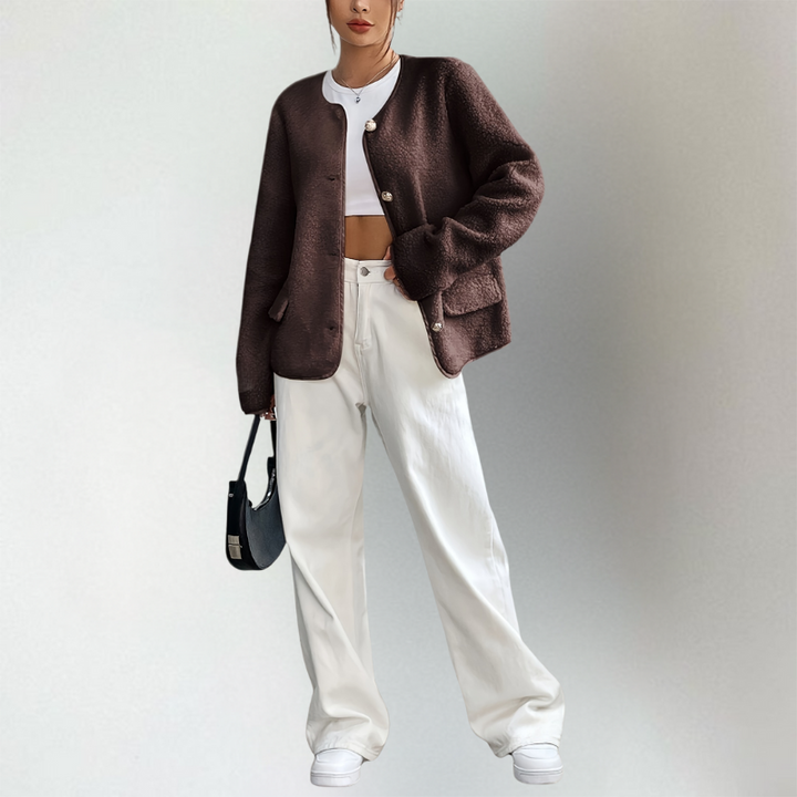 Anouk kraagloos vest volledige look met wijde broek