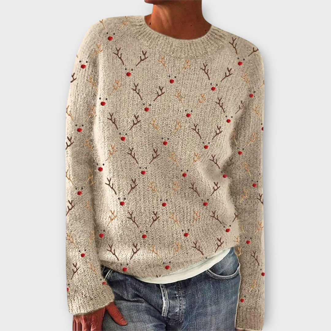 Anouk beige trui met rendier print en ronde hals