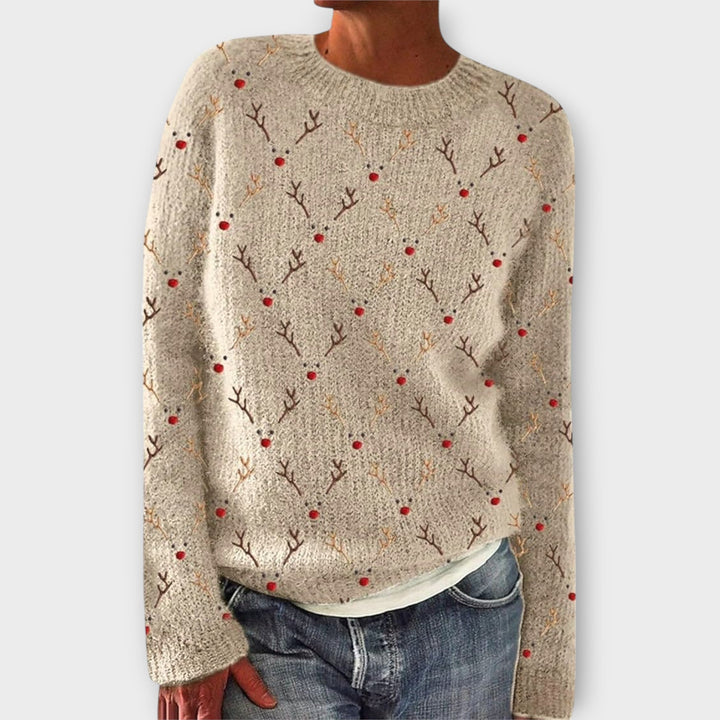 Anouk beige trui met rendier print en ronde hals