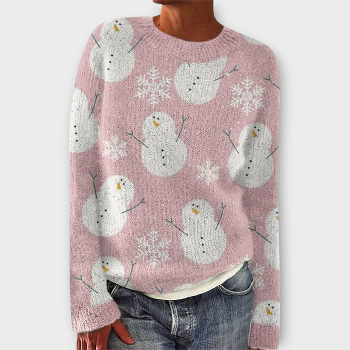 Anouk roze trui met sneeuwpop print en ronde hals