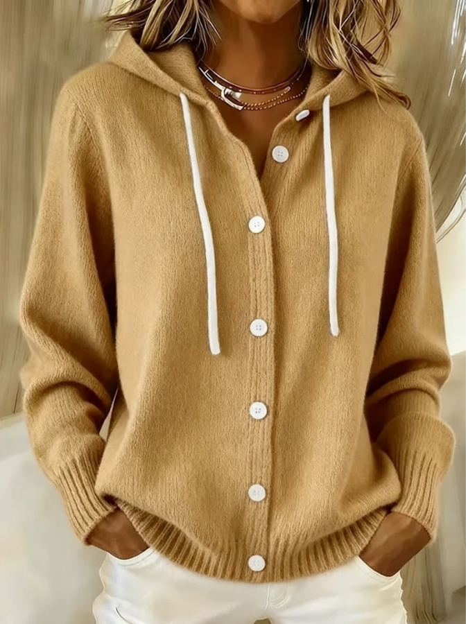 Aurelie beige gebreid capuchon vest met knopen, vooraanzicht