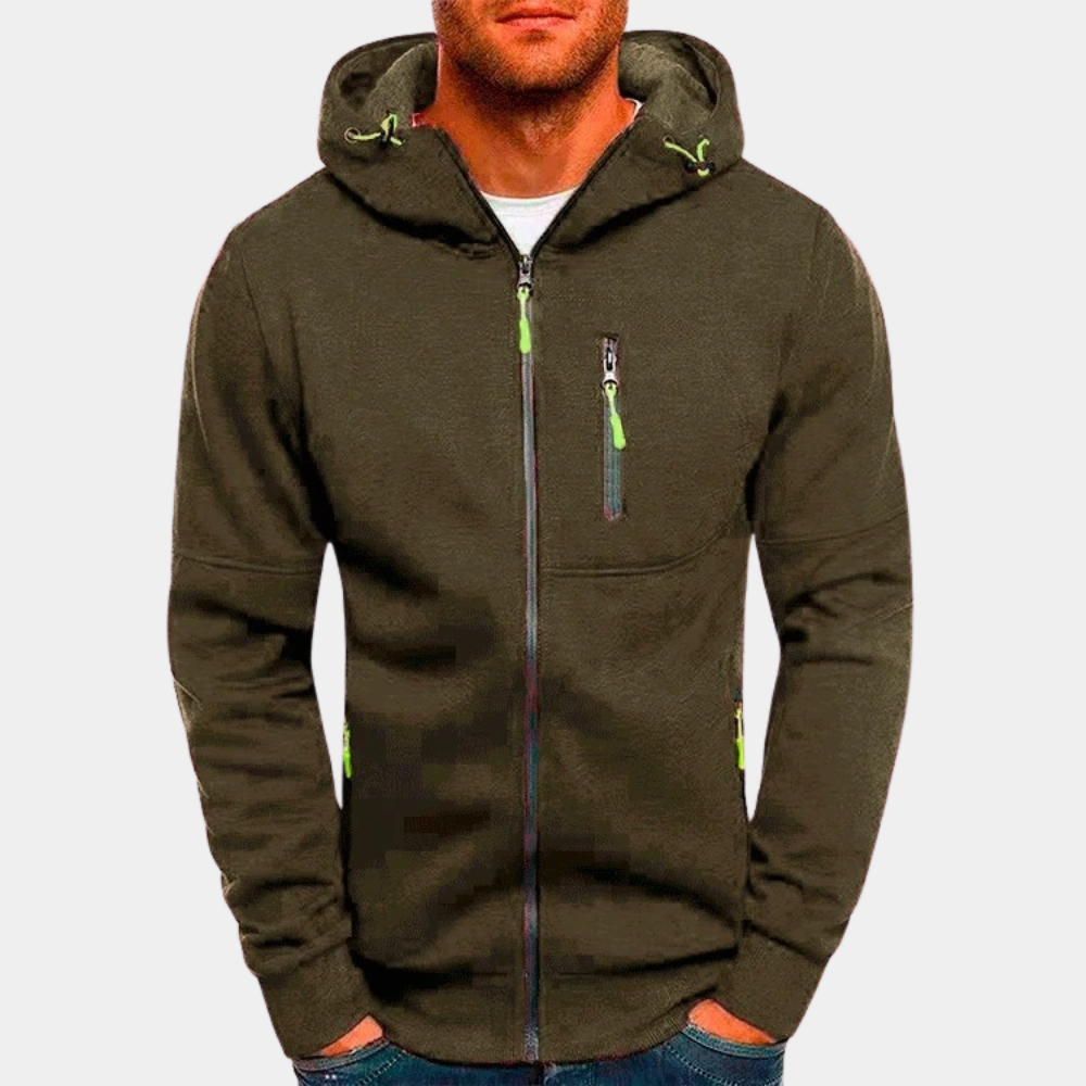 Boaz olijfgroene rits hoodie met capuchon, vooraanzicht