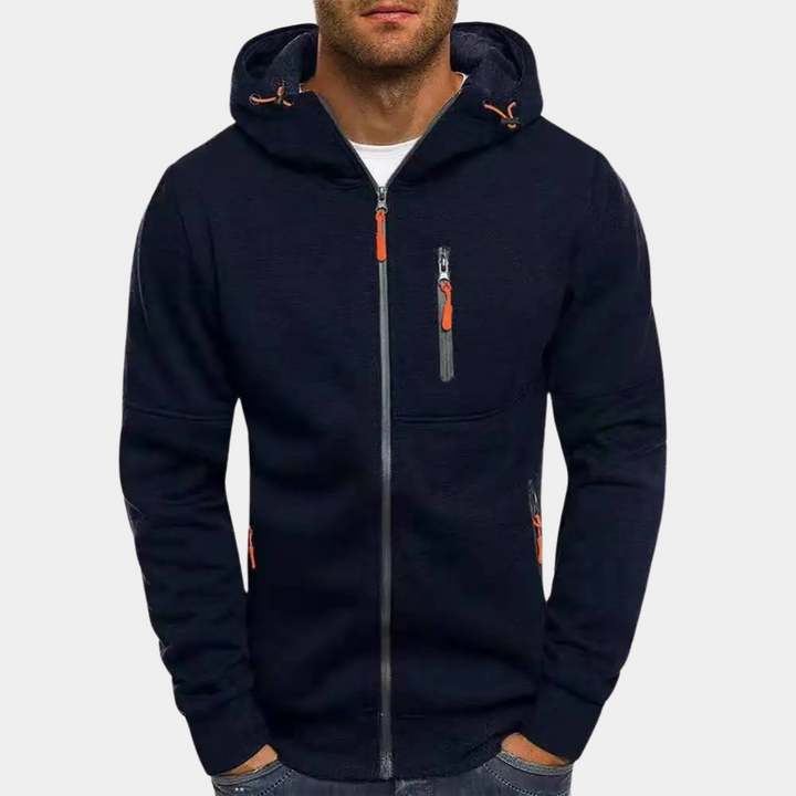 Boaz marineblauwe rits hoodie met capuchon, vooraanzicht