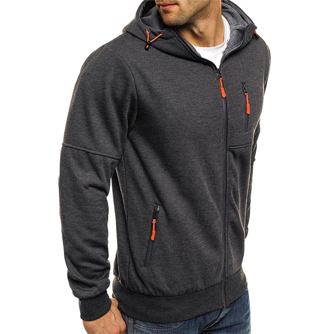Boaz donkergrijze rits hoodie met capuchon, close-up zijaanzicht