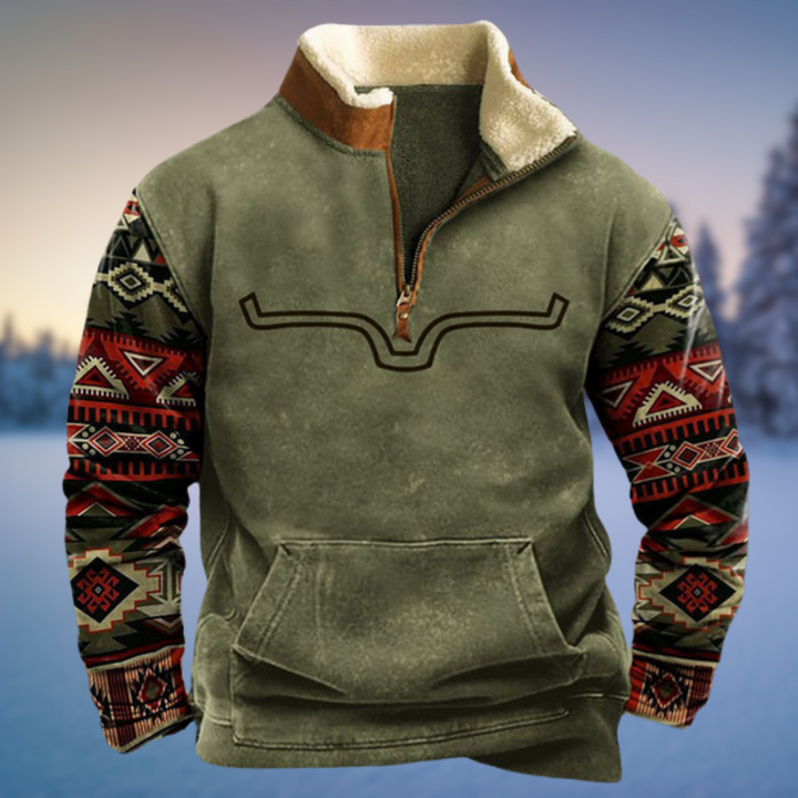 Bram groene western pullover met Azteken print mouwen en sherpa kraag, vooraanzicht