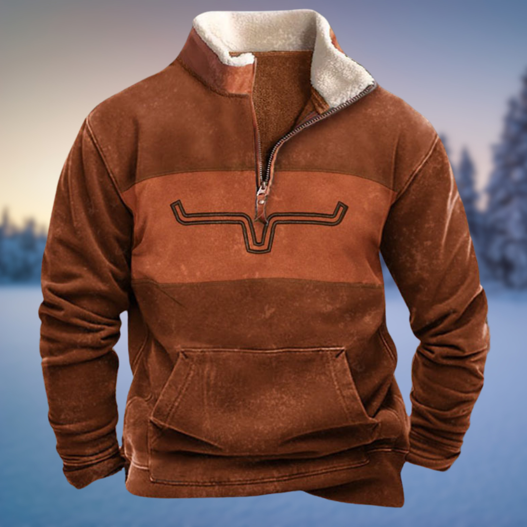 Bram bruine western pullover met halve rits en sherpa kraag, vooraanzicht