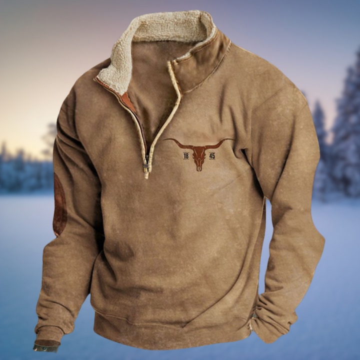 Bram lichtbruine pullover met stierenkop print en elleboogpatches, vooraanzicht