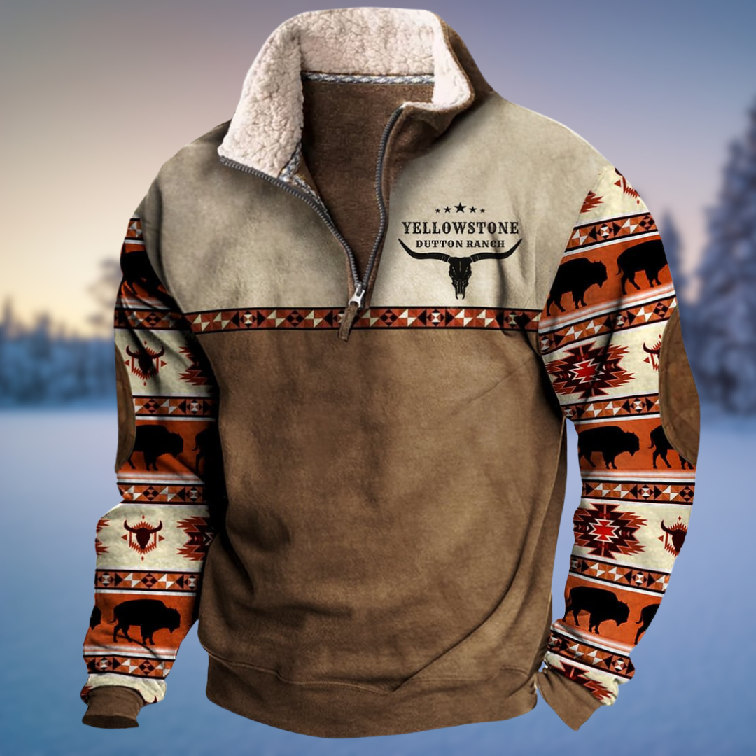 Bram Yellowstone stijl pullover met bizon print mouwen, vooraanzicht