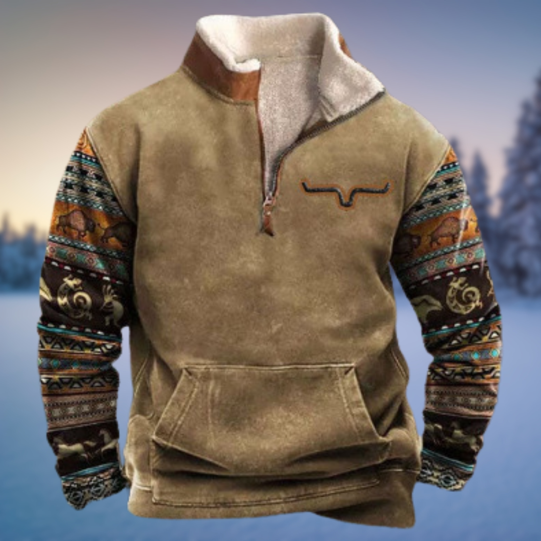 Bram kaki pullover met Azteken en Kokopelli print mouwen, vooraanzicht