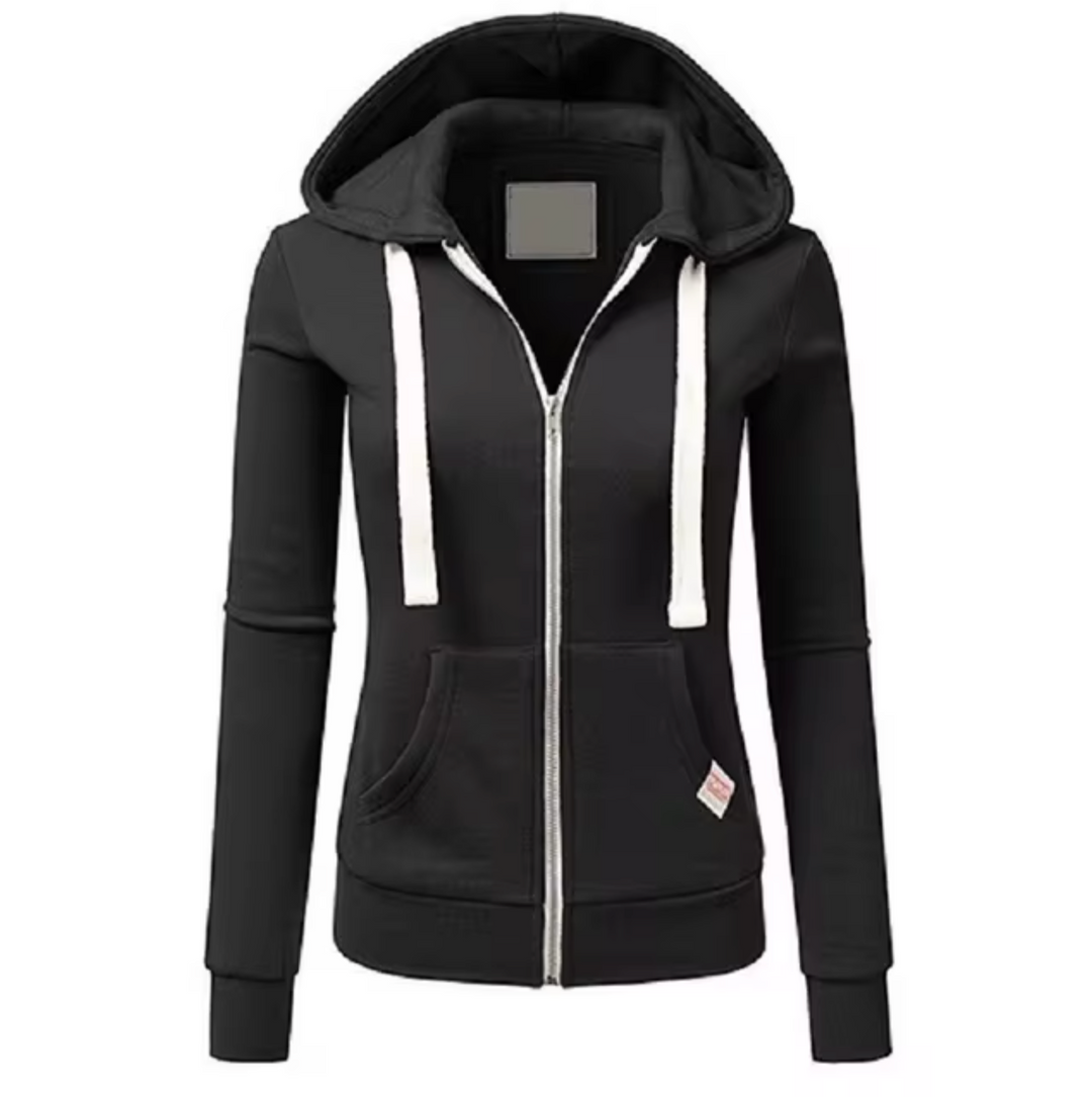 Britt zwarte sport hoodie met rits en capuchon, vooraanzicht