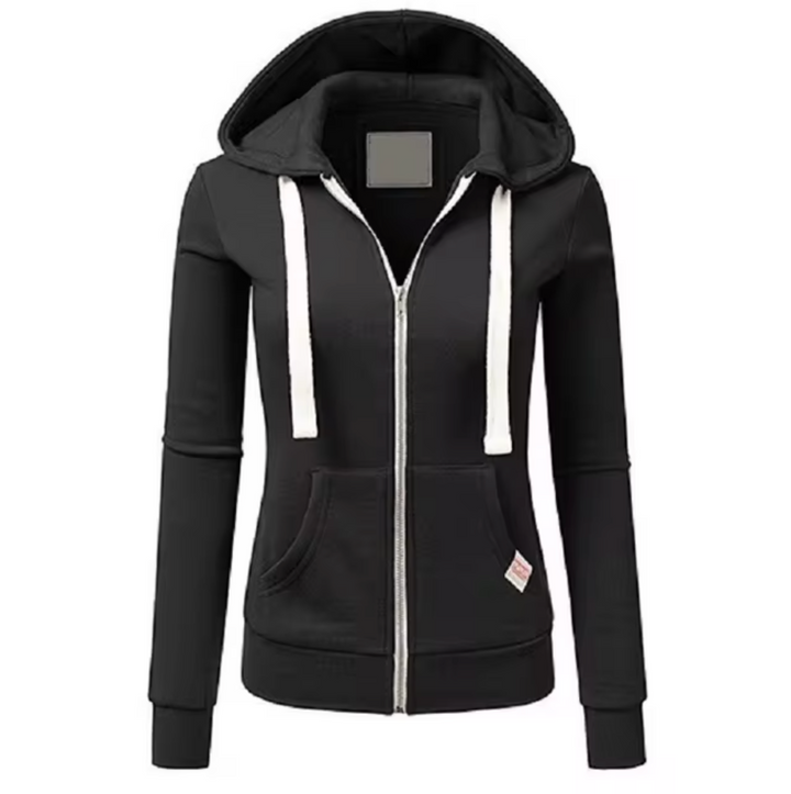 Britt zwarte sport hoodie met rits en capuchon, vooraanzicht