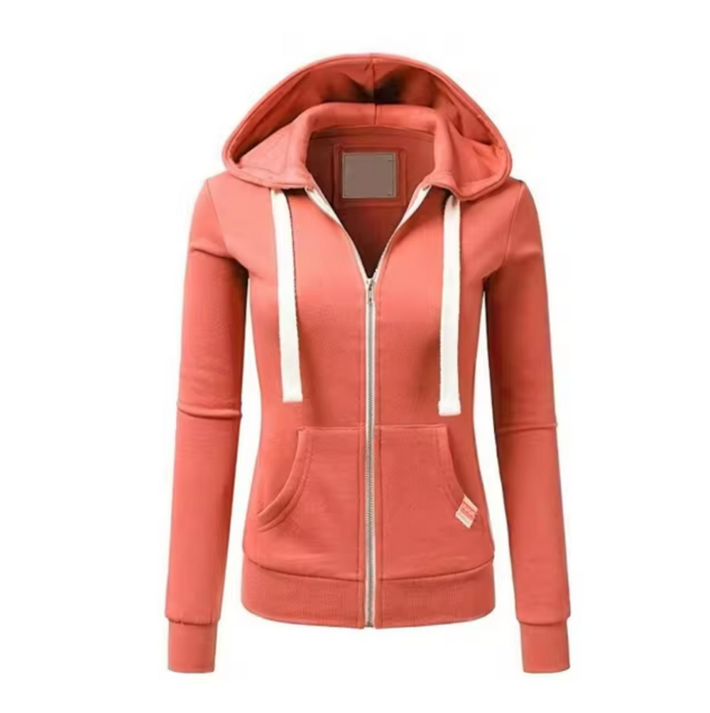 Britt koraalkleurige sport hoodie met rits en capuchon, vooraanzicht