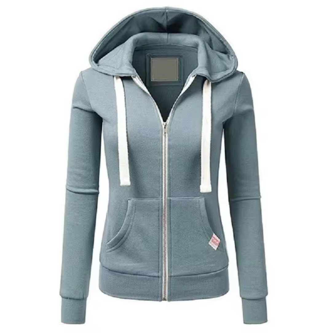 Britt blauwgrijze sport hoodie met rits en capuchon, vooraanzicht
