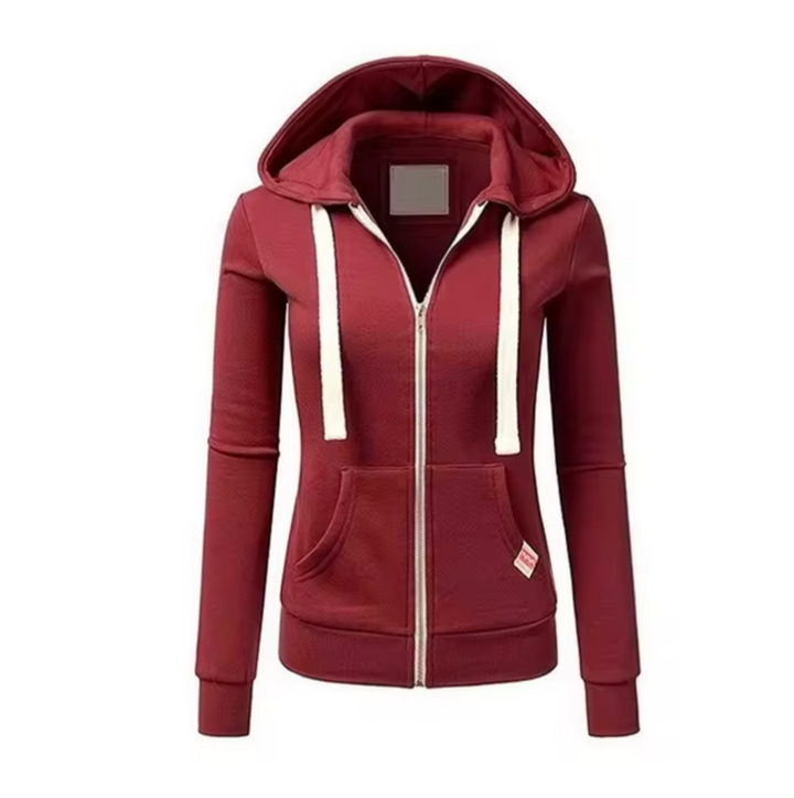 Britt bordeauxrode sport hoodie met rits en capuchon, vooraanzicht