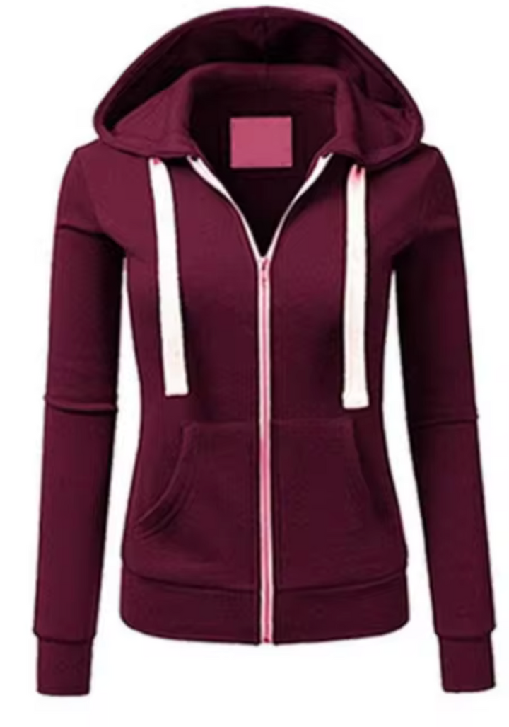 Britt wijnrode sport hoodie met rits en capuchon, vooraanzicht