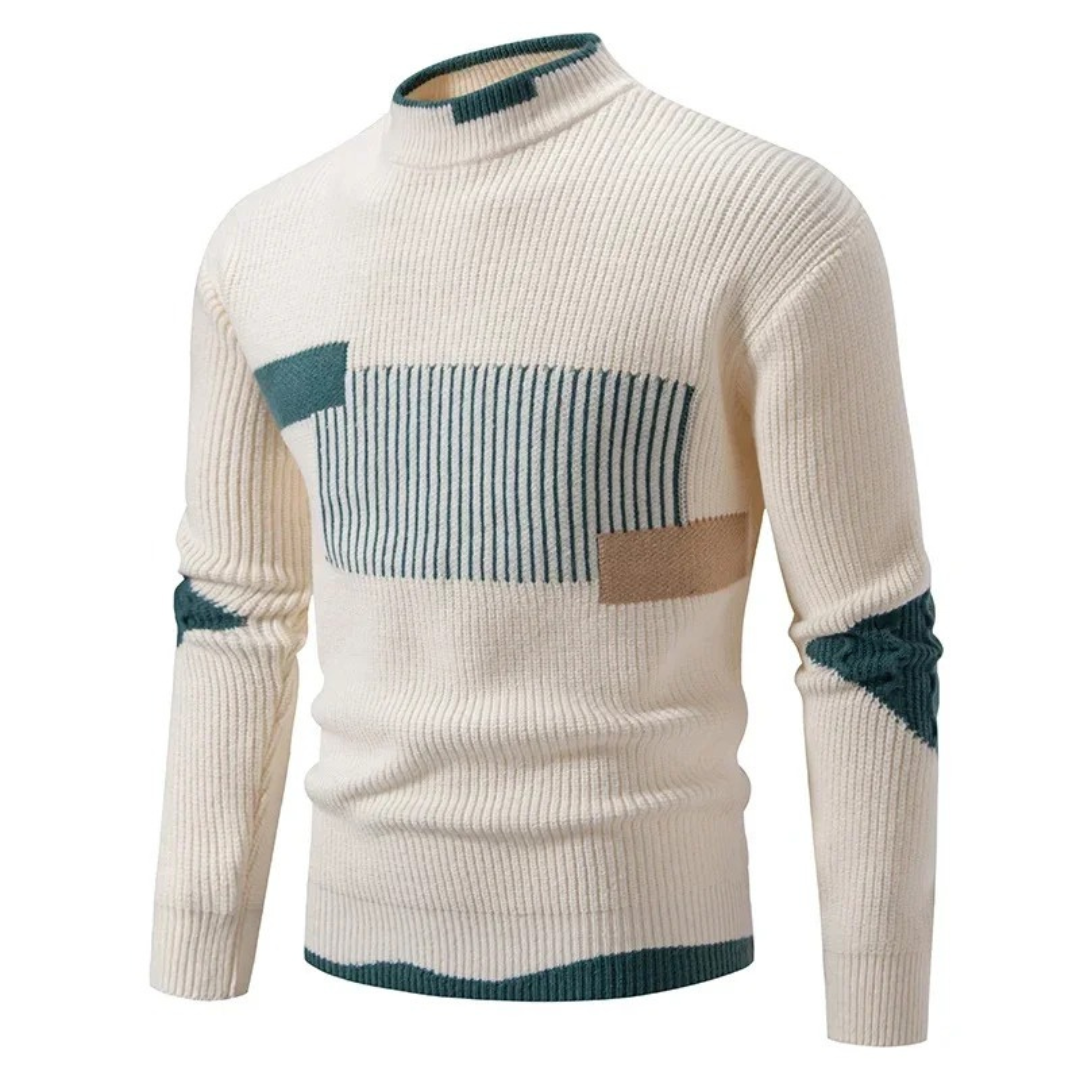 Casper geometrisch patroon coltrui pullover in gebroken wit met groen, vooraanzicht
