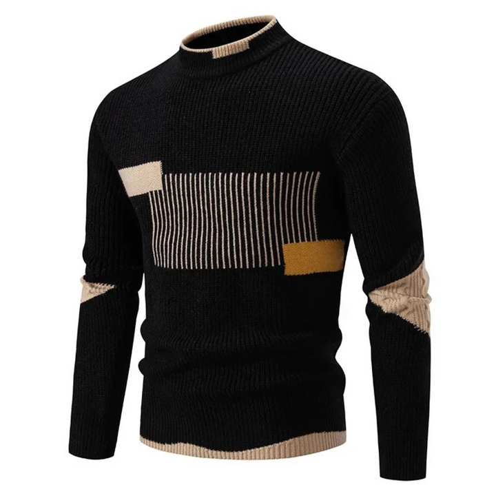 Casper geometrisch patroon coltrui pullover in zwart met beige, vooraanzicht