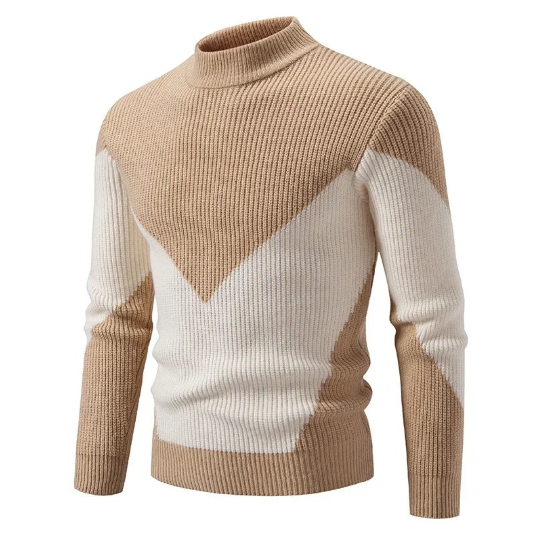 Casper geometrisch patroon coltrui pullover in beige met wit diamantmotief, vooraanzicht