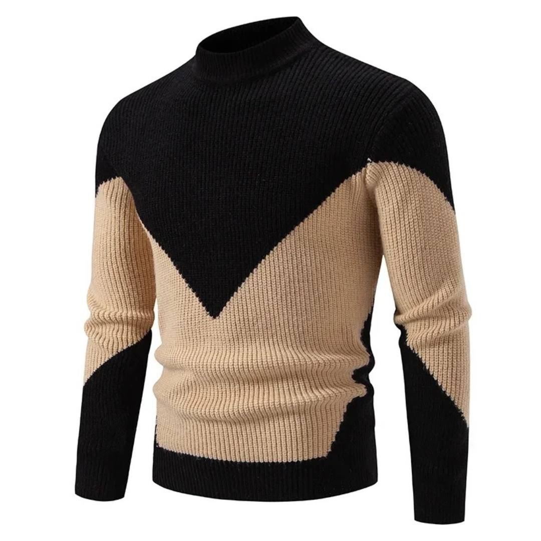 Casper geometrisch patroon coltrui pullover in beige met wit diamantmotief, vooraanzicht