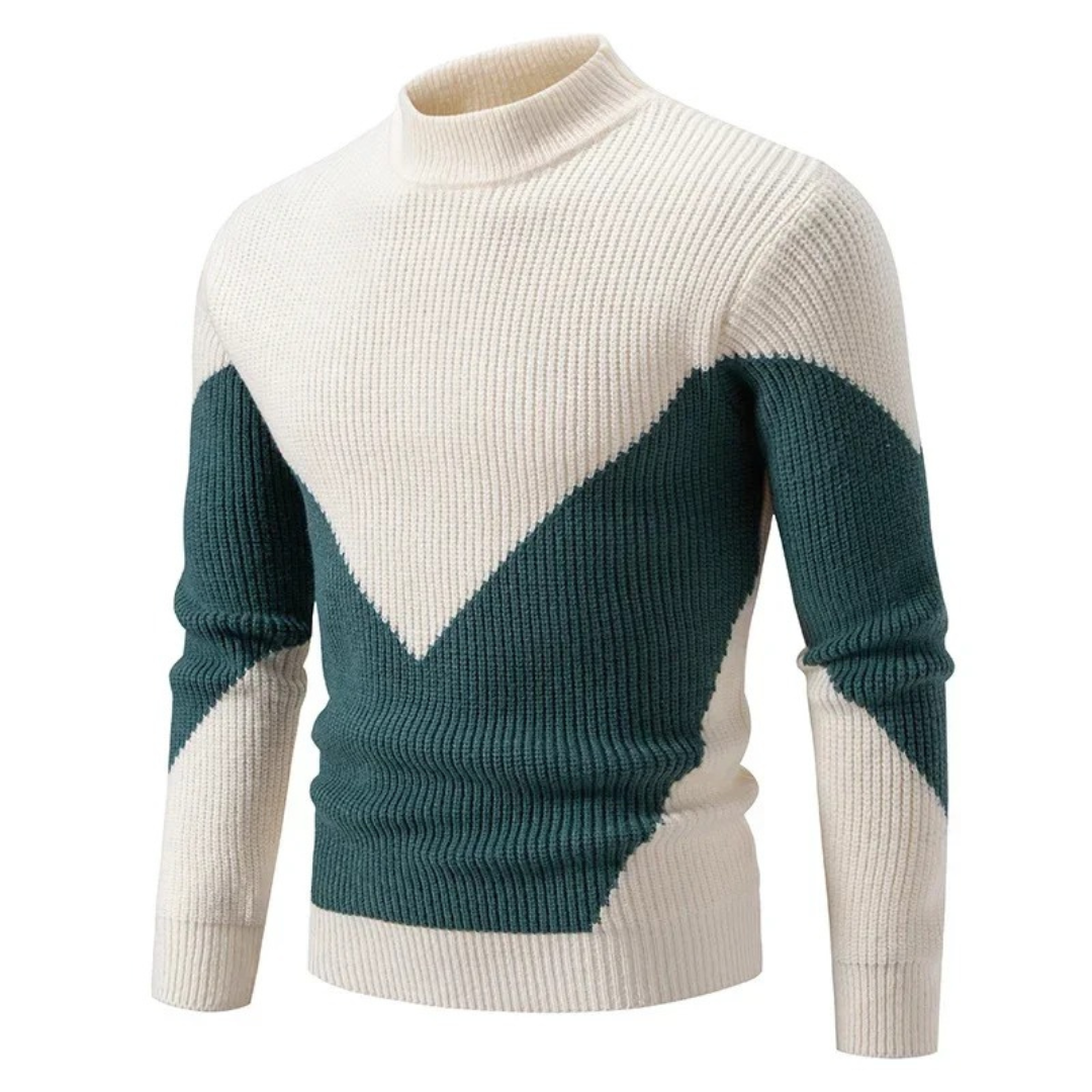 Casper geometrisch patroon coltrui pullover in beige met wit diamantmotief, vooraanzicht