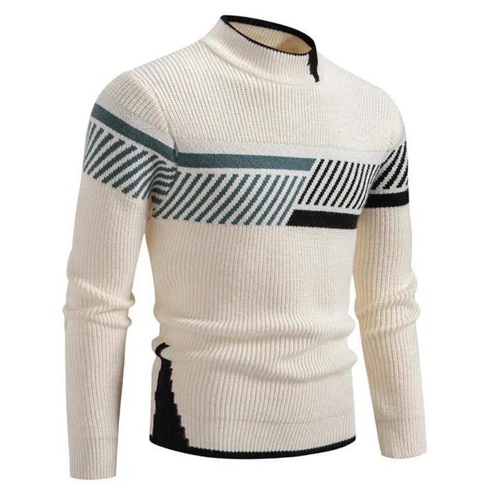 Casper geometrisch patroon coltrui pullover in beige met wit diamantmotief, vooraanzicht
