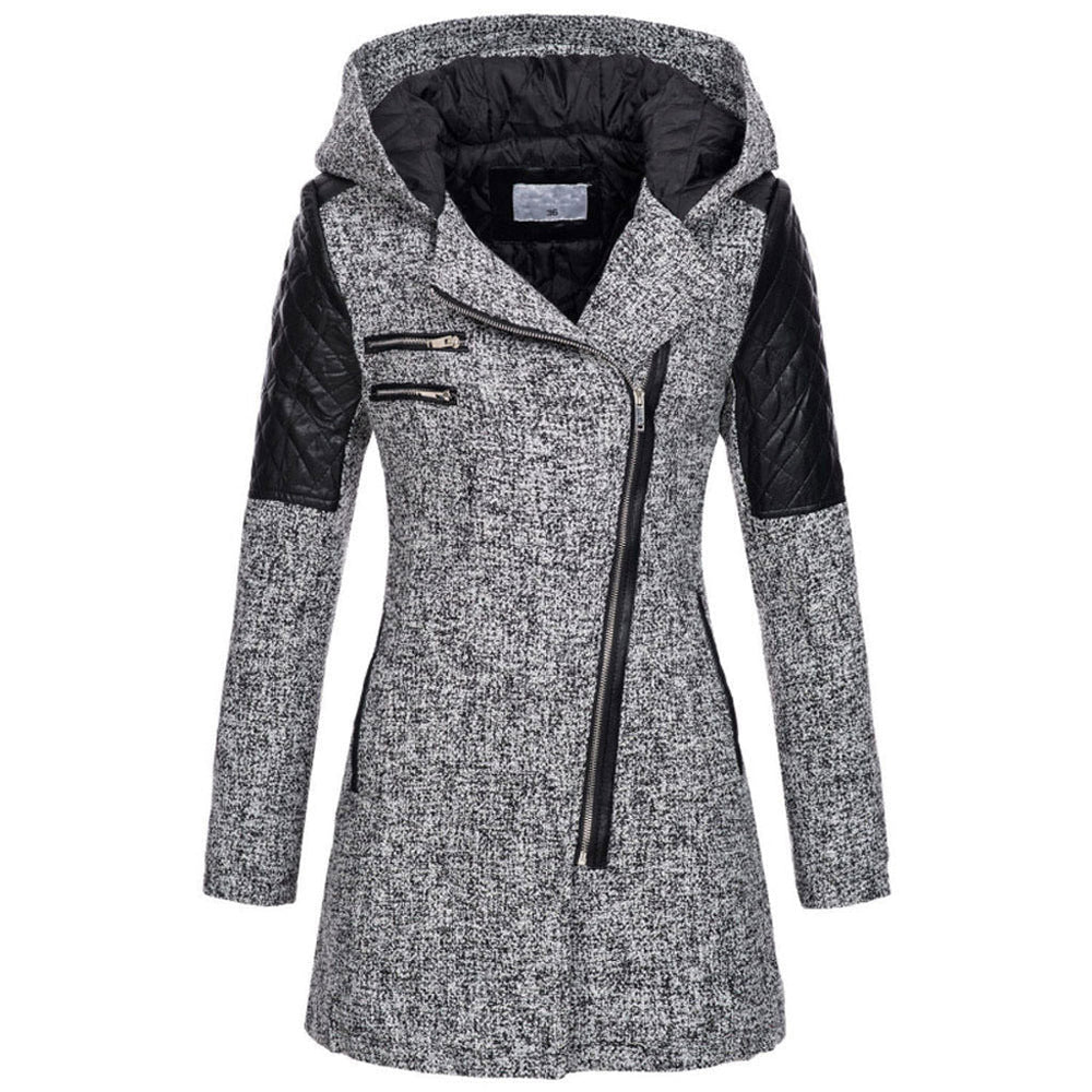 Charlotte grijze winterjas met asymmetrische rits, vooraanzicht
