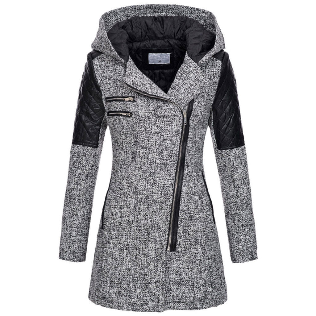 Charlotte grijze winterjas met asymmetrische rits, vooraanzicht