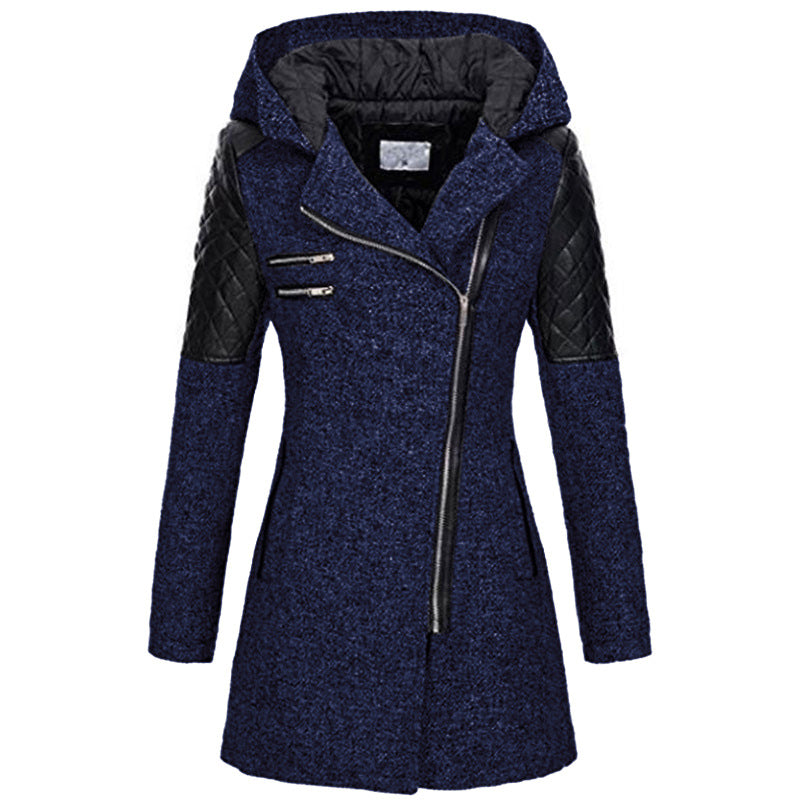 Charlotte donkerblauwe winterjas met capuchon, vooraanzicht