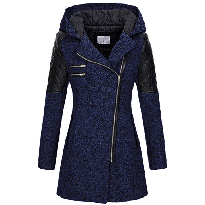 Charlotte donkerblauwe winterjas met capuchon, vooraanzicht