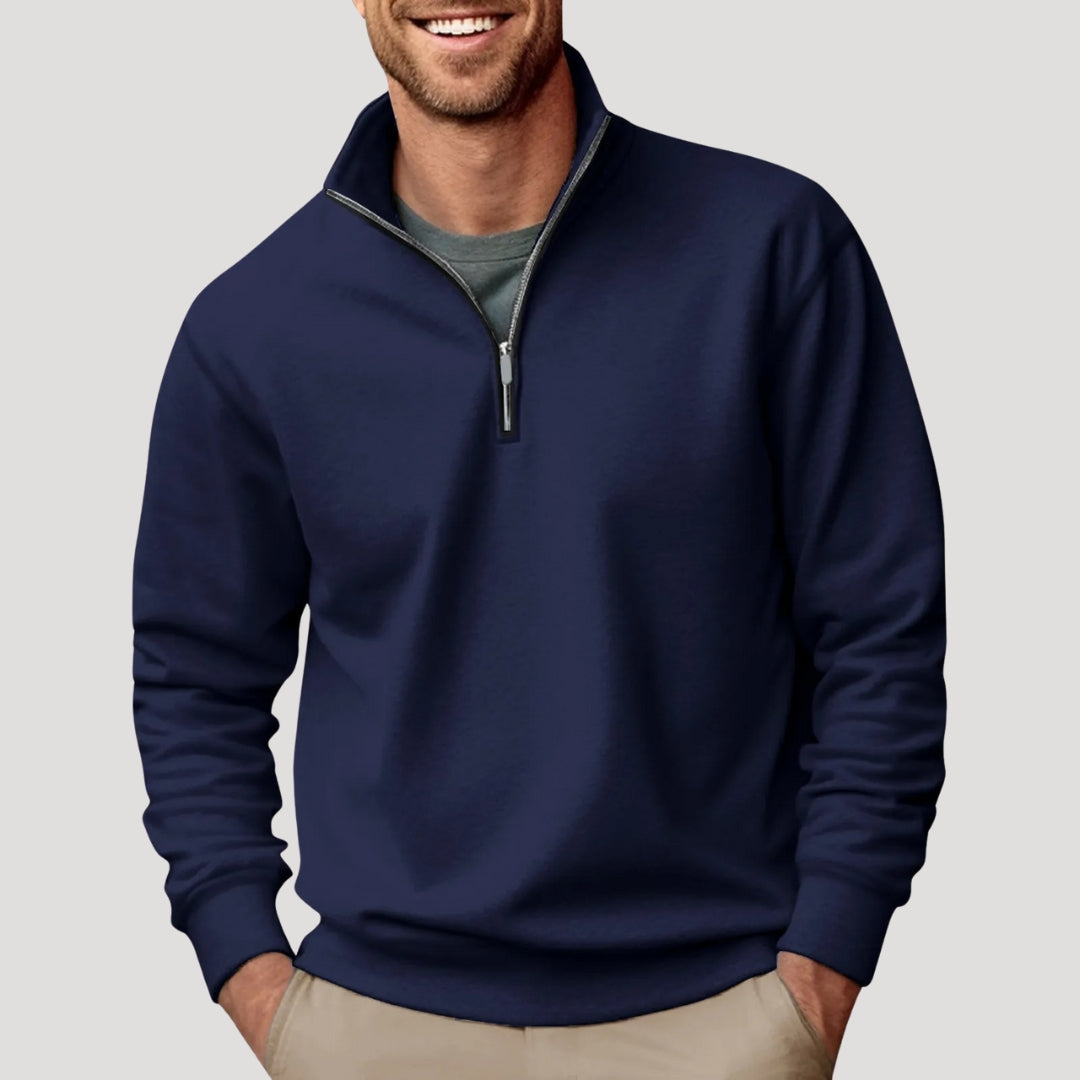 Daan marineblauwe quarter-zip sweater, vooraanzicht