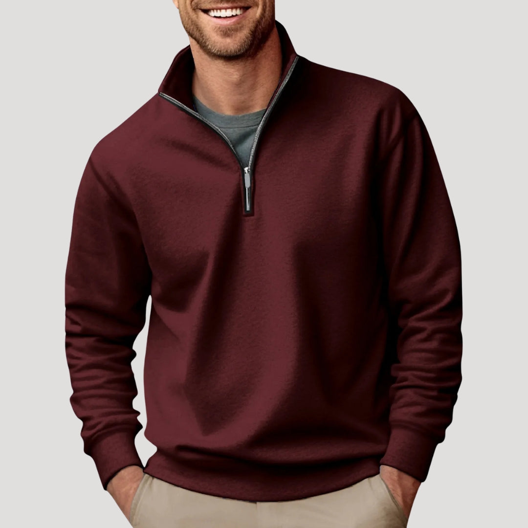 Daan bordeauxrode quarter-zip sweater, vooraanzicht