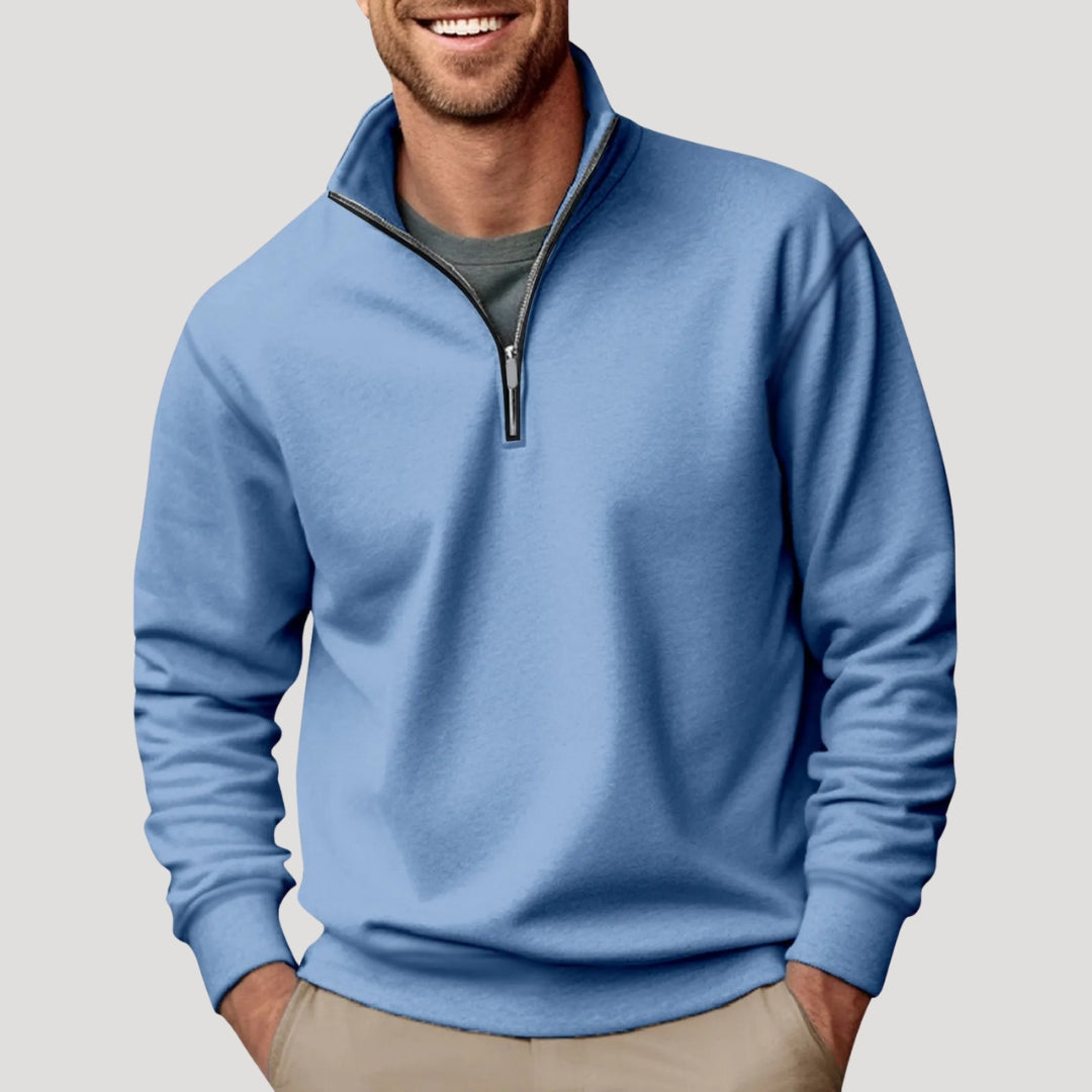 Daan lichtblauwe quarter-zip sweater, vooraanzicht
