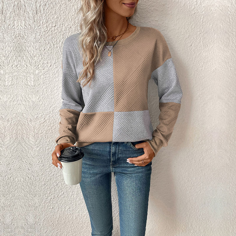 Danique geometrisch colorblock sweater in beige en grijs, detailweergave
