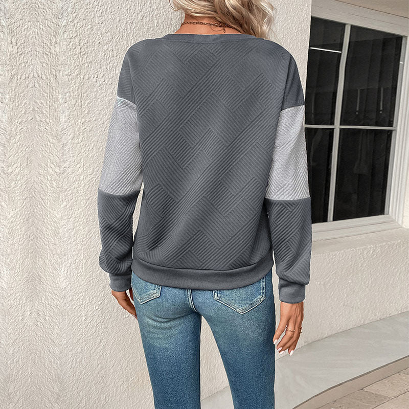 Danique geometrisch colorblock sweater in grijstinten, achteraanzicht