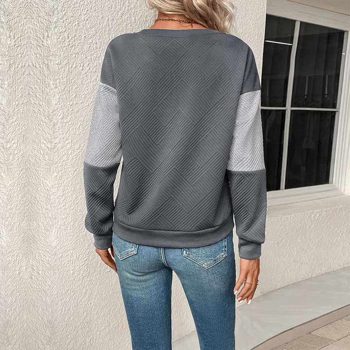 Danique geometrisch colorblock sweater in grijstinten, achteraanzicht