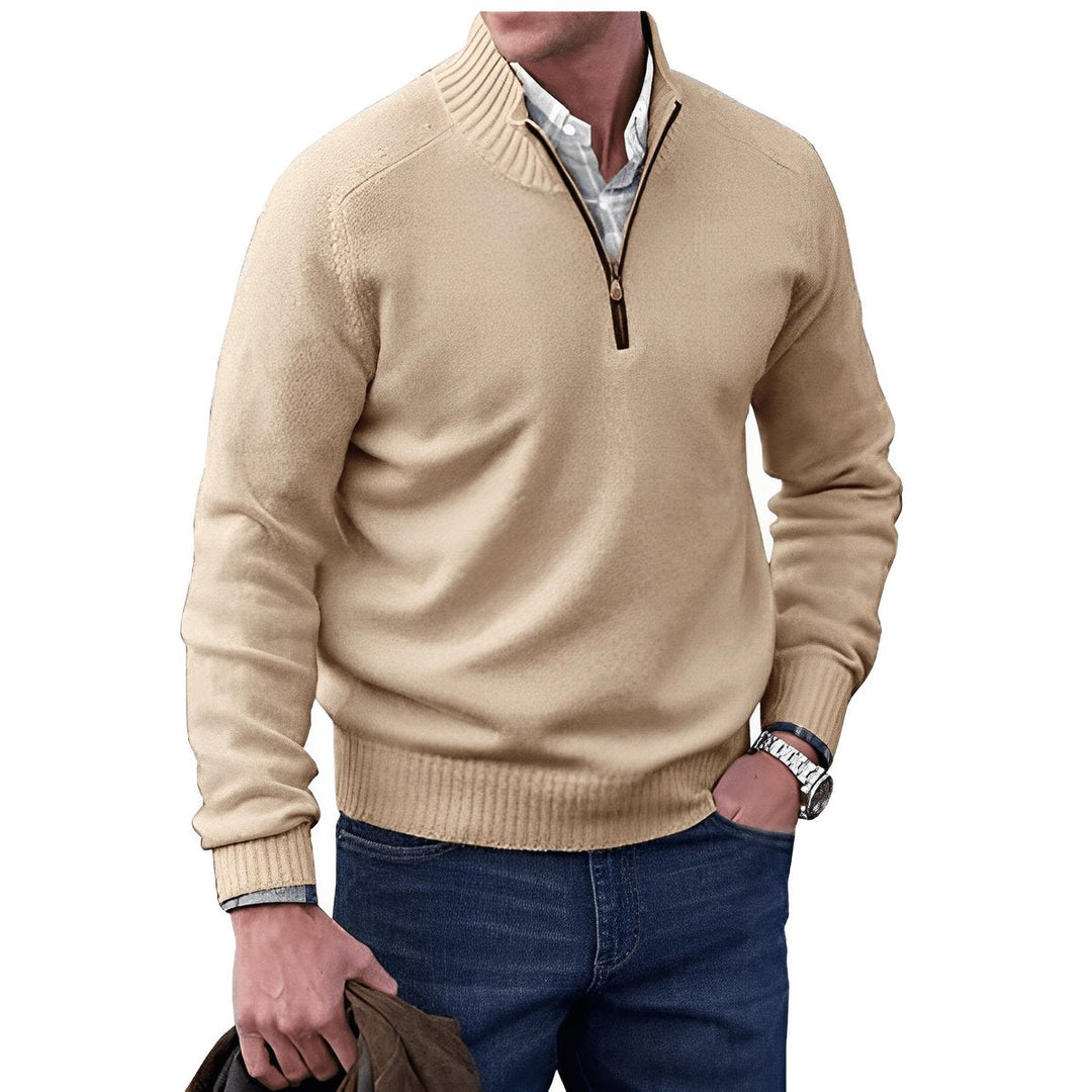 Elias beige quarter-zip trui met lange mouwen, vooraanzicht