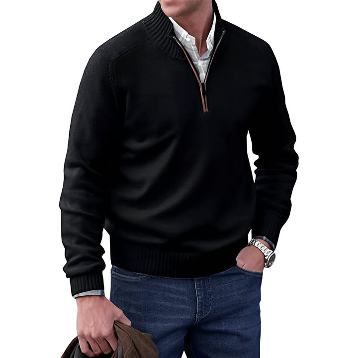Elias zwarte quarter-zip trui met lange mouwen, vooraanzicht
