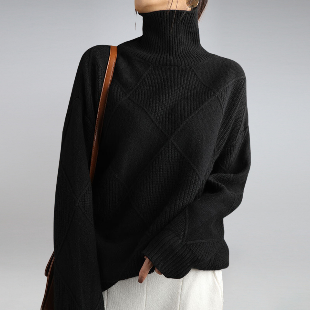 Elin zwarte coltrui, close-up schouder met tas