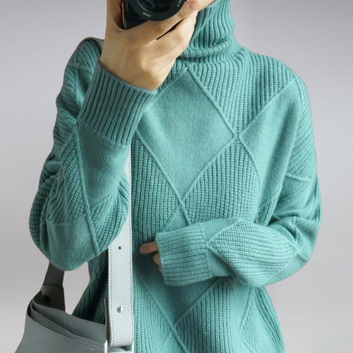 Elin turquoise coltrui, close-up ruitpatroon en tas