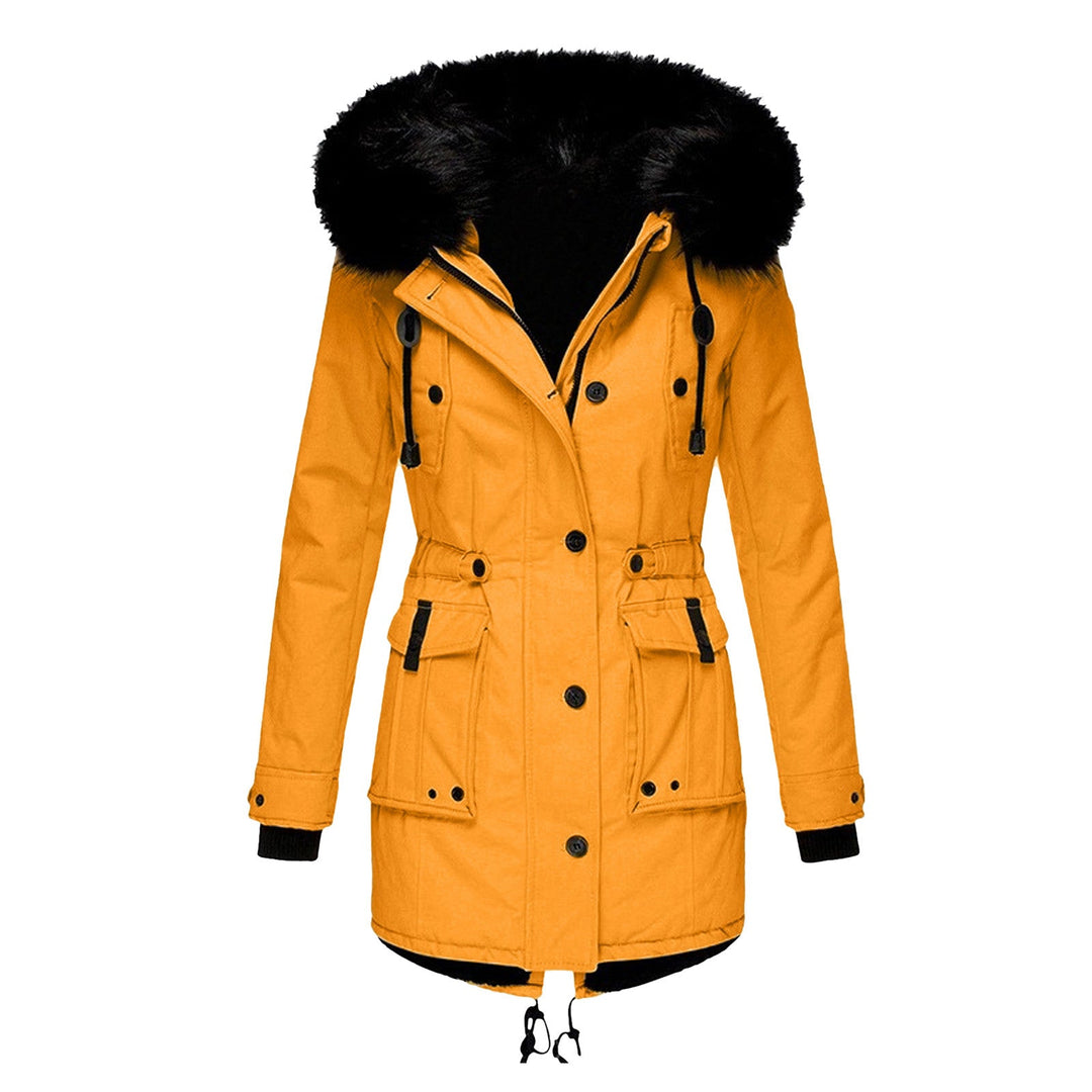 Femke gele getailleerde winterparka met zwarte kunstbontcapuchon, vooraanzicht