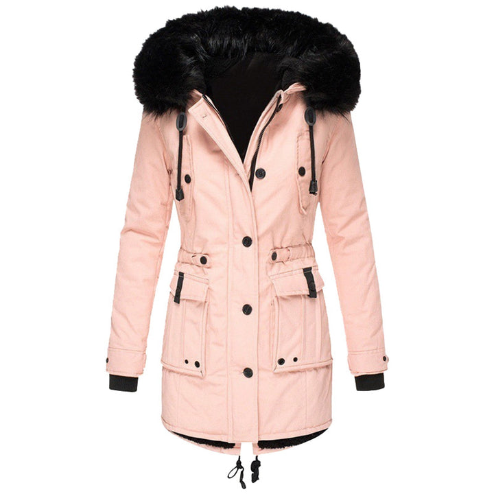 Femke roze winterparka met zwarte kunstbontcapuchon, vooraanzicht