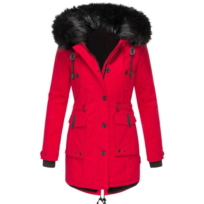 Femke rode winterparka met zwarte kunstbontcapuchon, vooraanzicht