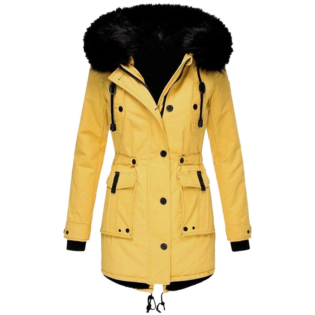 Femke gele winterparka met kunstbontcapuchon, vooraanzicht