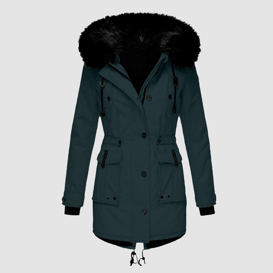 Femke petrolblauwe winterparka met kunstbontcapuchon, vooraanzicht