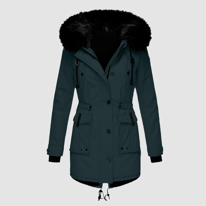 Femke petrolblauwe winterparka met kunstbontcapuchon, vooraanzicht